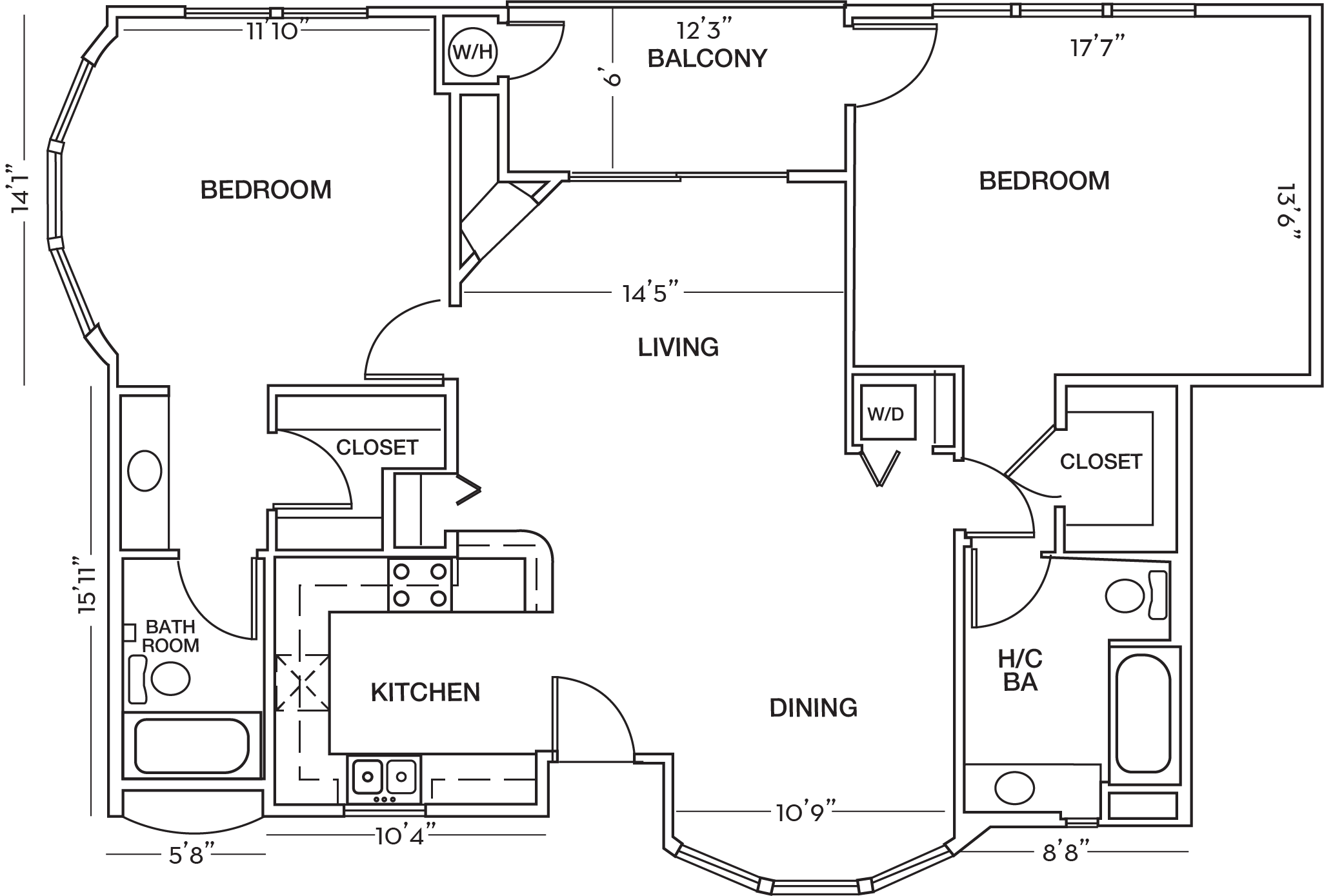 Two Bed Two Bath Floor Plan at Toluca Court, Toluca Lake, CA